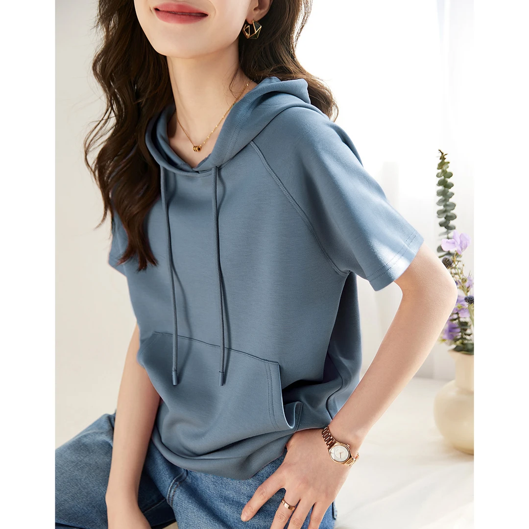 沫晗依美空气层连帽短袖T恤2025夏新款休闲设计感百搭短袖女T恤