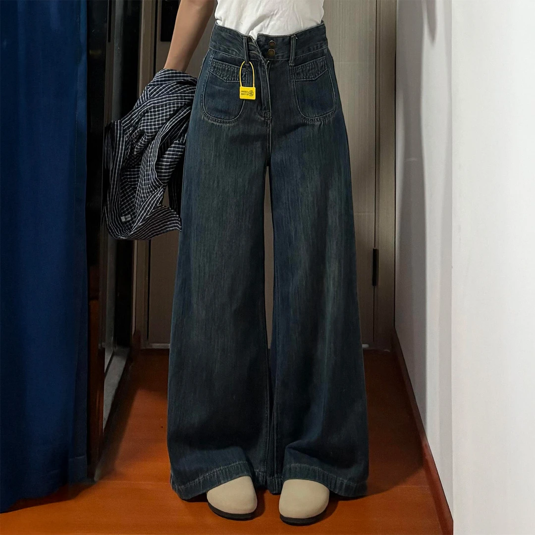 2025新款复古蓝阔腿牛仔裤女秋季胖妹妹mm小个子高腰显瘦直筒长裤