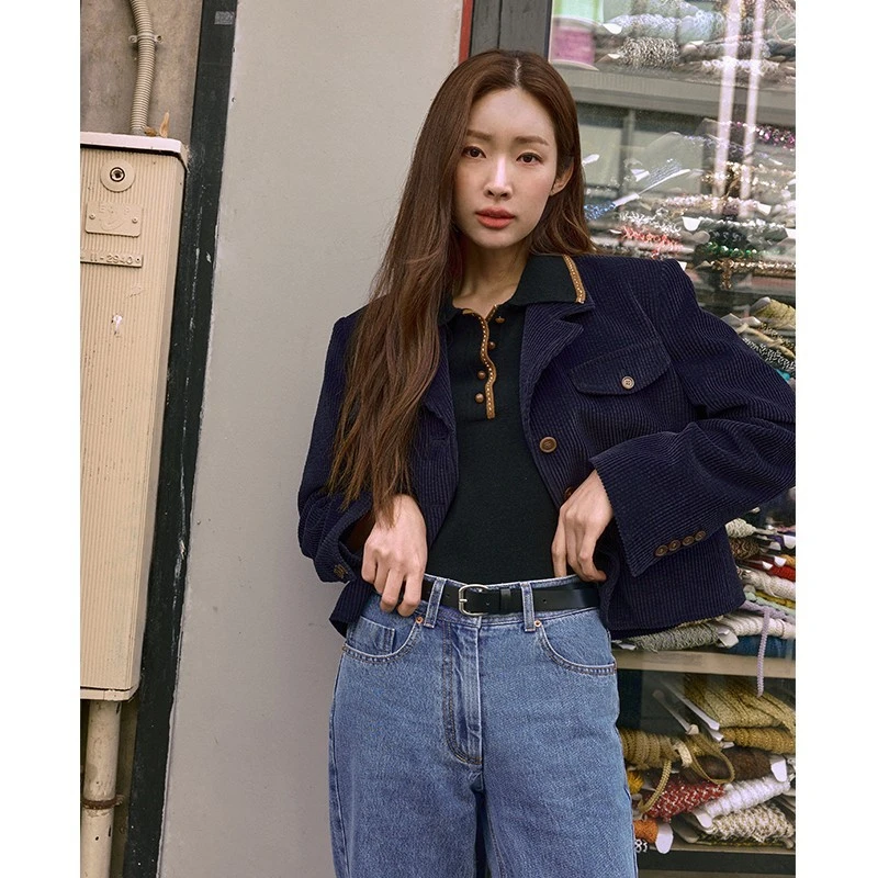 韩式grove藏青色灯芯绒短外套2025春季复古休闲小个子小西装女