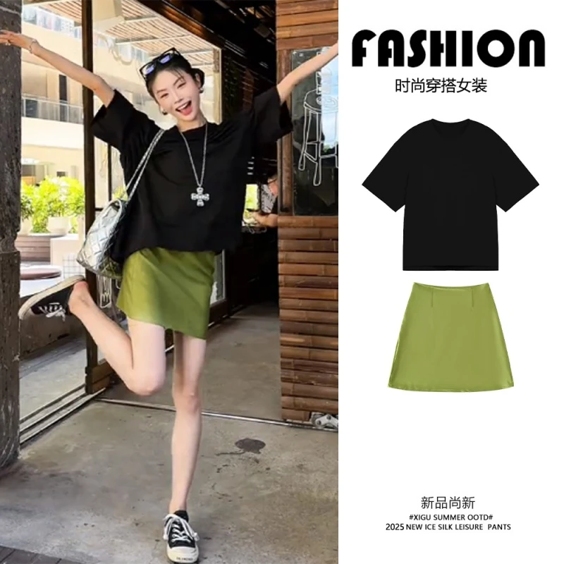 【现货】又酷又飒穿搭套装慵懒宽松显瘦短袖T恤高腰显瘦半身裙套装