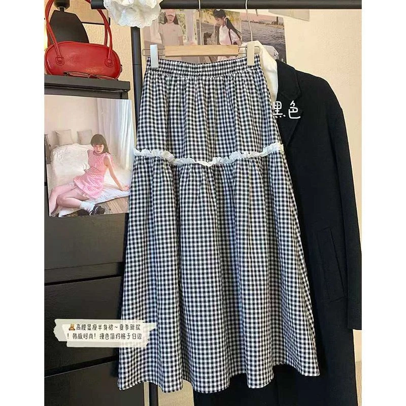森系学生黑白格纹半身裙女2025春季花边拼接蛋糕裙格子A字中长裙