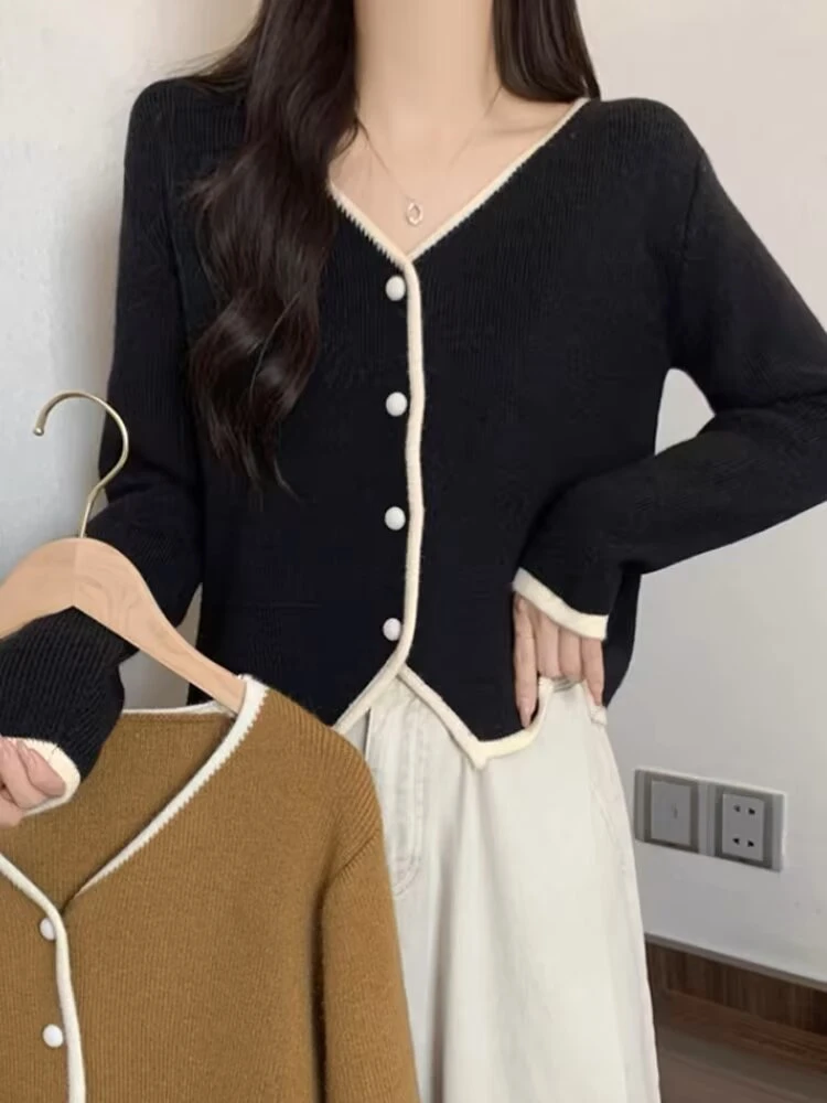 早春新款V领撞色小香风针织衫毛衫长袖气质显瘦百搭纯色外套