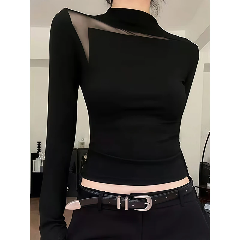 辣妹简约镂空网纱拼接长袖T恤女装秋季新款纯欲修身显瘦百搭上衣