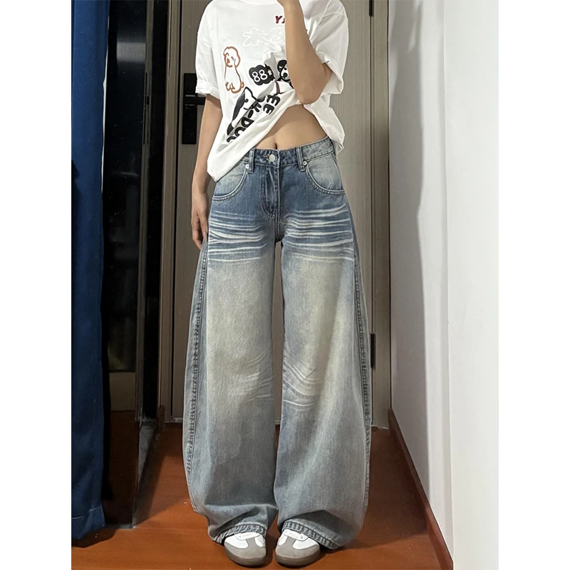 浅色水洗磨白猫须阔腿牛仔裤女夏季新款低腰宽松显瘦直筒拖地裤子
