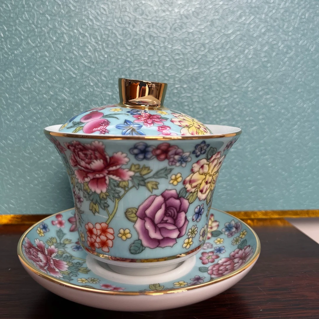 GQ0123万花三才盖碗浅蓝色