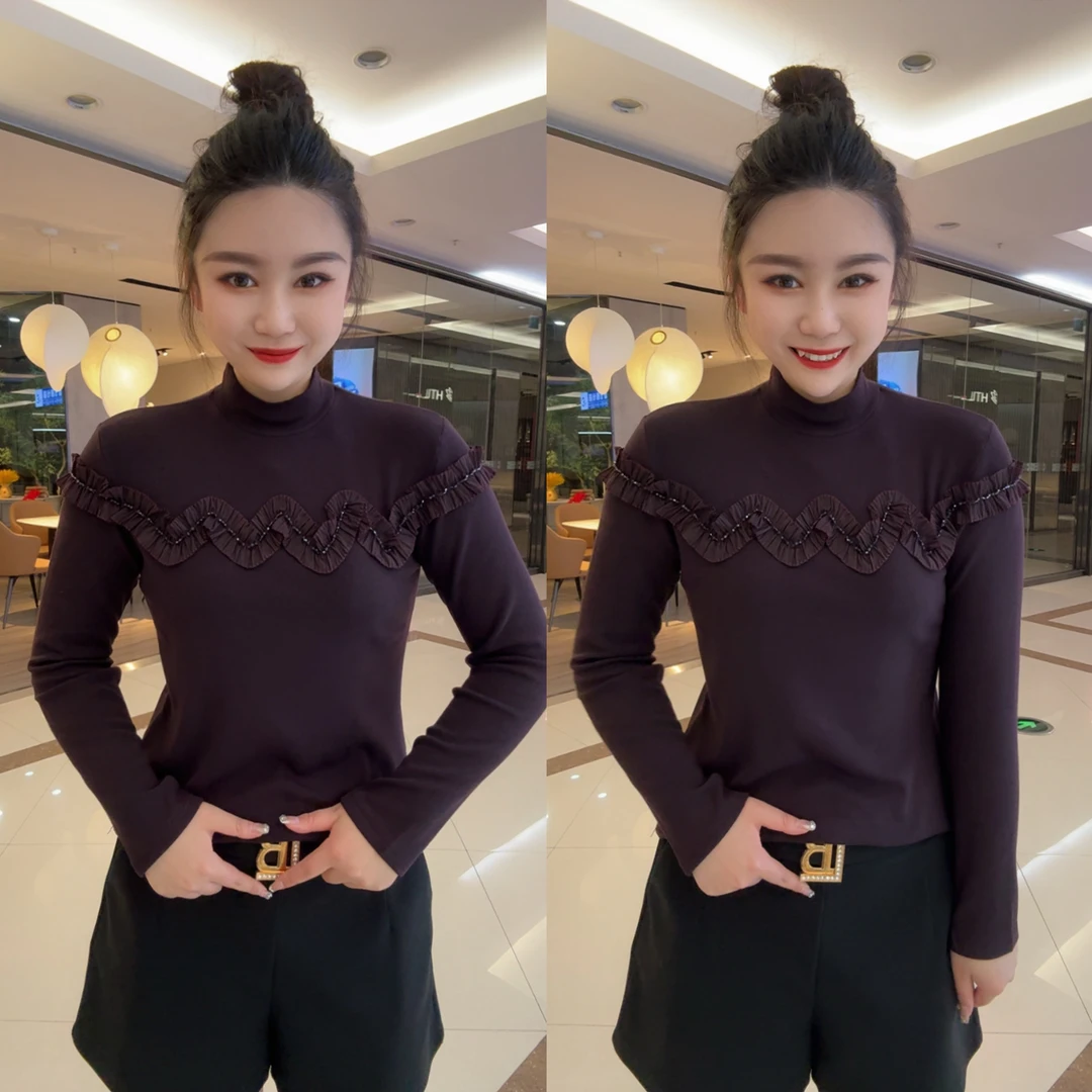 花瓣串珠半高领慕斯绒打底