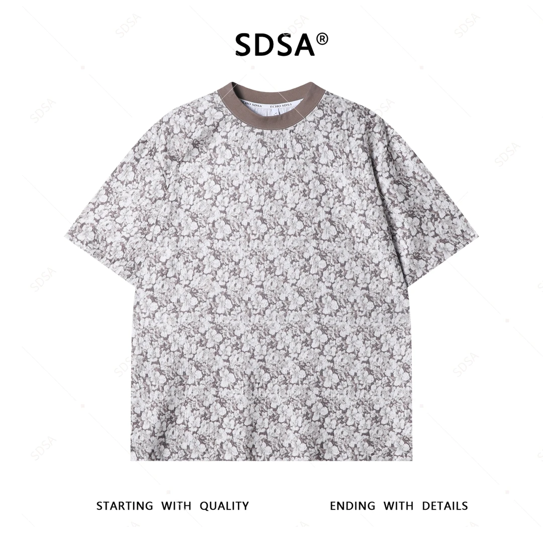 夏季高级感新款男士简约撞色花朵设计短袖T恤百搭时尚圆领上衣