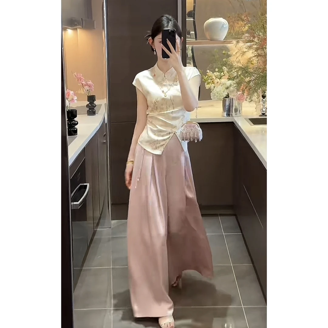 新中式时尚套装显瘦小众国风上衣粉色长裤两件套