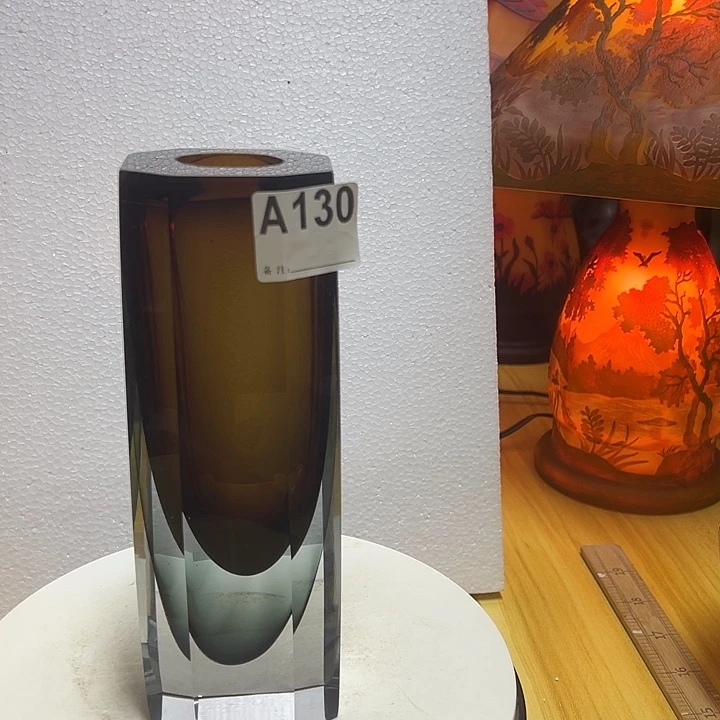 手工艺品琉璃茶色切割面花瓶花器高23口4