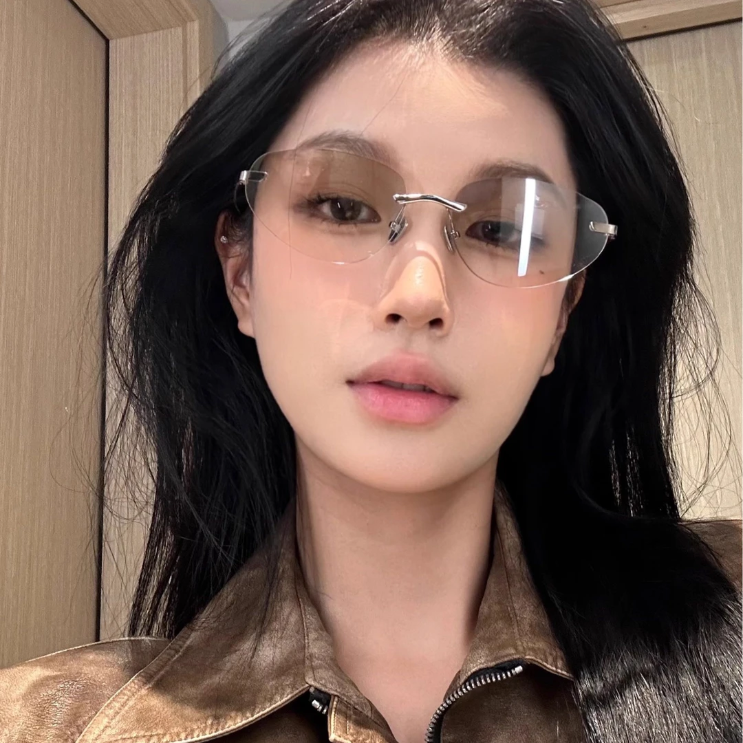 欧美风复古无框猫眼银色太阳眼镜女款高级感防晒拍照Y2K辣妹墨镜