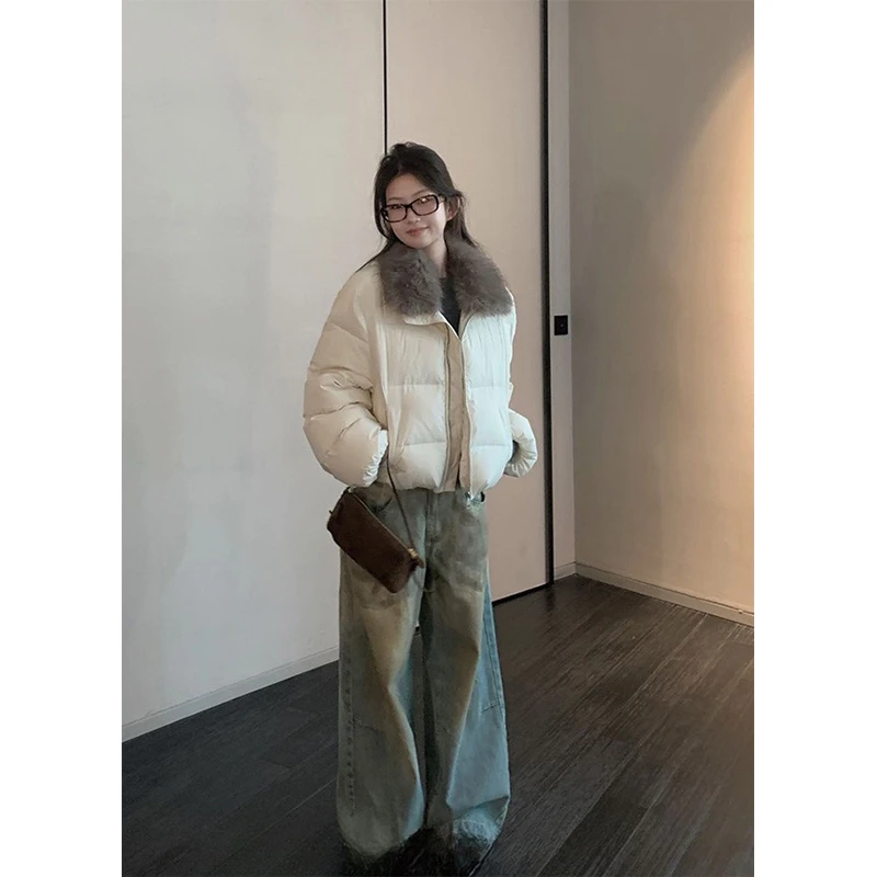 2025冬季新款翻领毛领可拆纯色面包保暖加厚棉服短款休闲风外套女