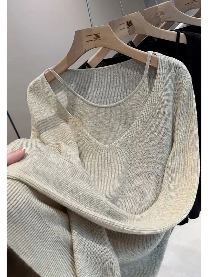 今年流行漂亮复古软糯慵懒风高级感上衣燕麦色假两件针织衫女秋季