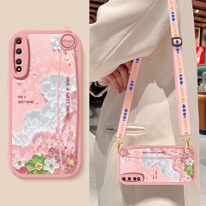 油画花朵华为荣耀play3手机壳新款play4t斜挎腕带小羊皮4tpro硅胶