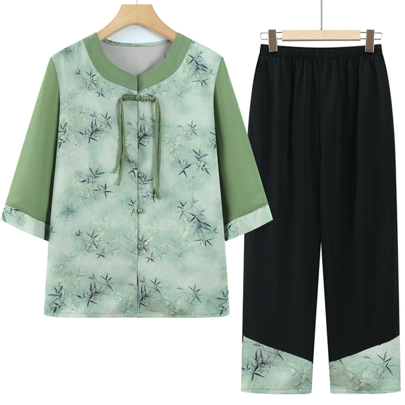 老年人春装薄款衬衫女洋气奶奶装中袖套装60岁老太太绣花夏季衣服