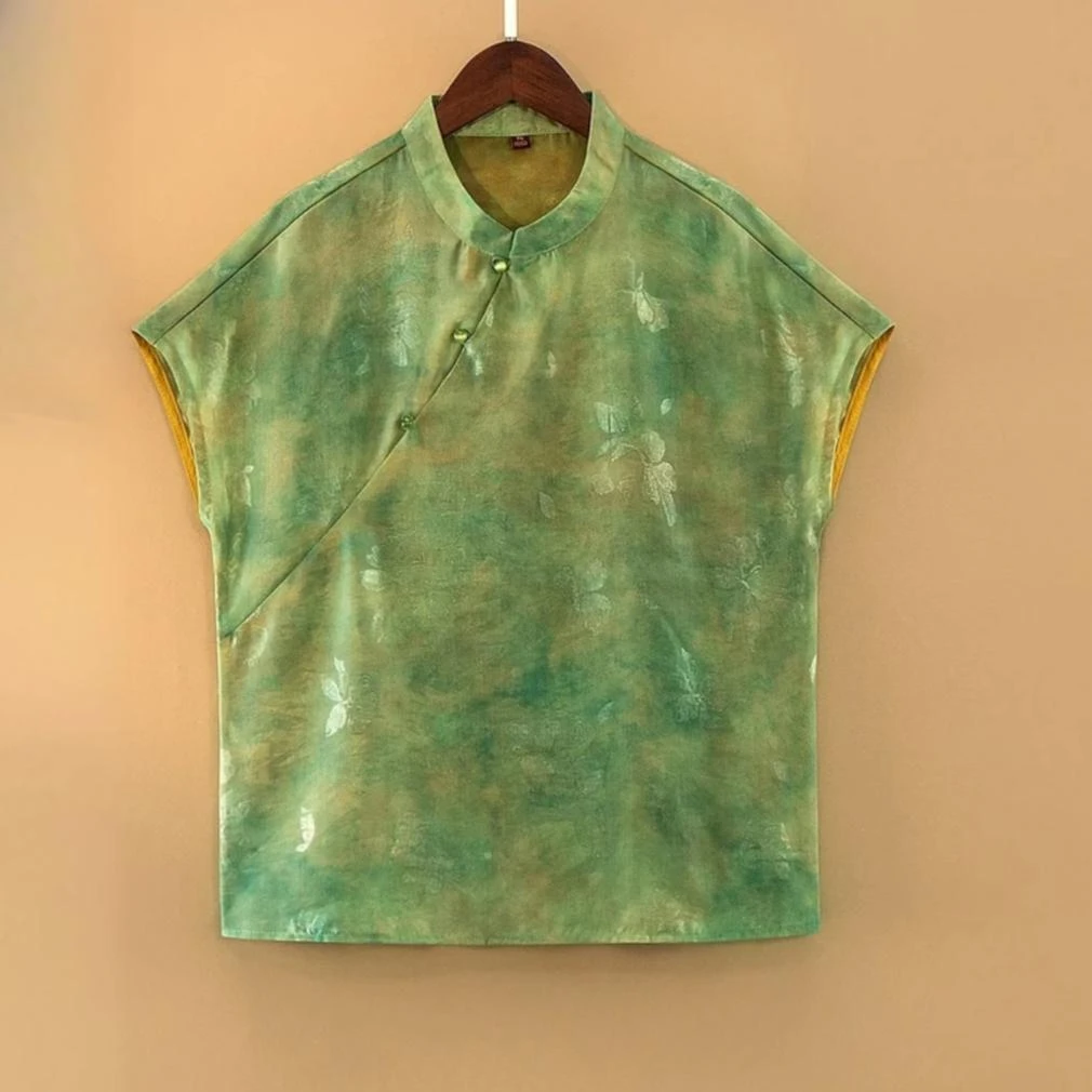 新中式上衣女装国风立领提花气质复古短袖衬衫夏季扎染时尚小衫