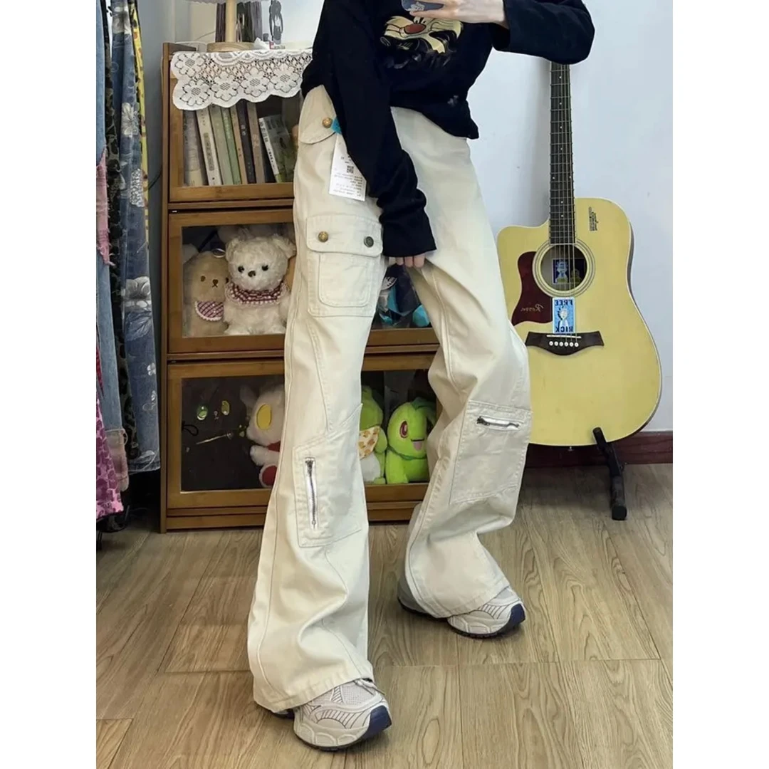 小个子复古多口袋设计感拖地宽松喇叭裤女新款美式工装微喇牛仔裤