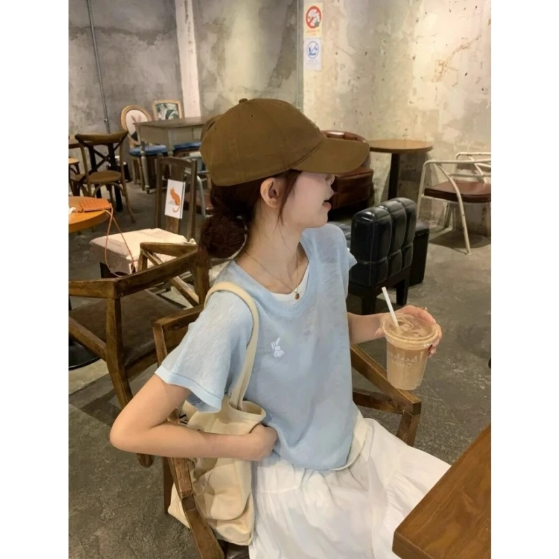蓝色假两件圆领短袖女设计感小众超好看独特漂亮上衣夏季针织t恤