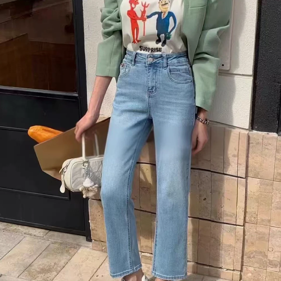 秋款高腰超显瘦蓝色九分烟管裤