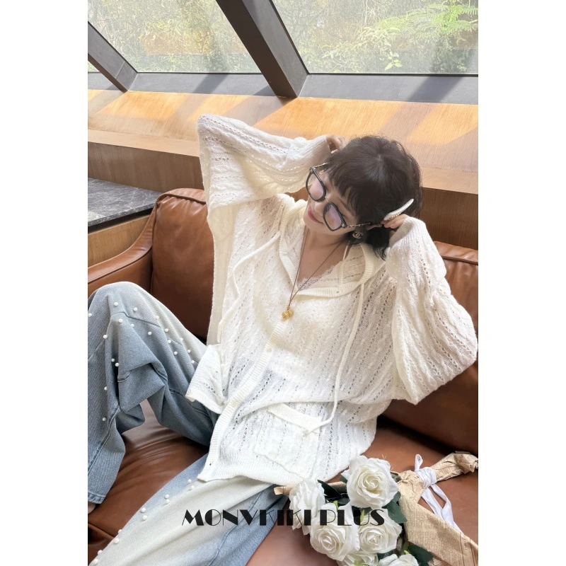 MoNvKiKiPlus2“月光海”大码微胖口袋连帽针织毛衣开衫#1769