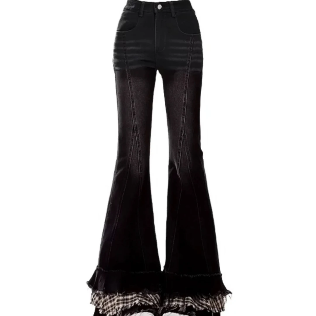 黑色格子蛋糕喇叭牛仔裤（勾沙黄油笔记洗水不均，接受再拍）