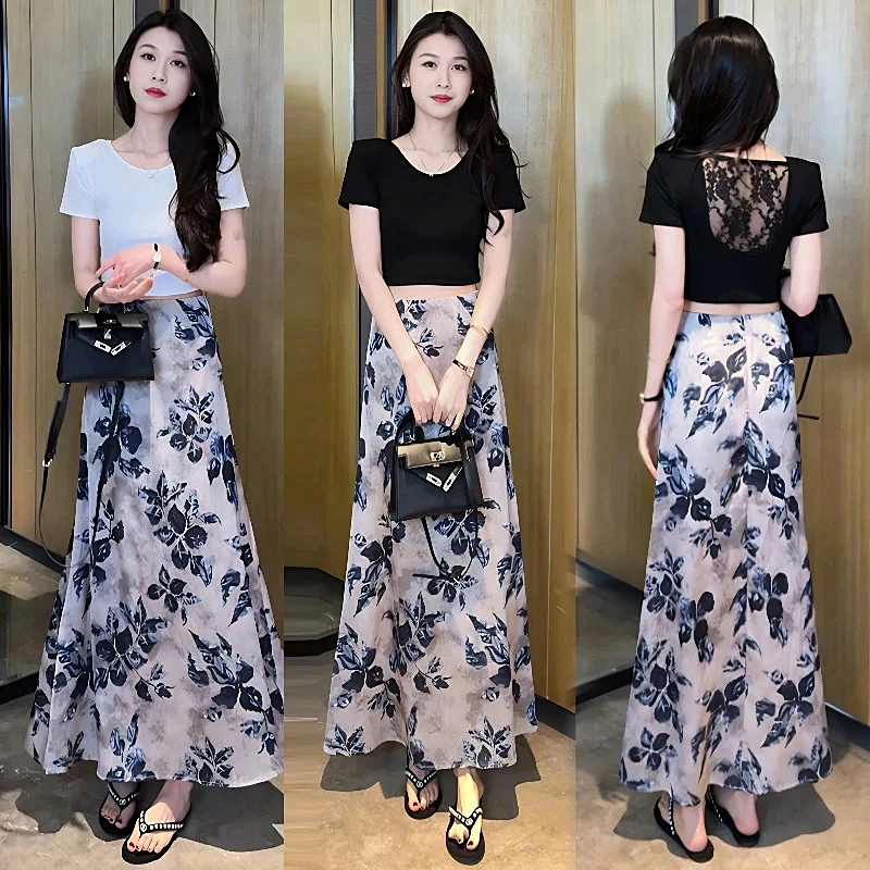 夏季新款法式气质显瘦高腰A字半身裙设计感后背镂空蕾丝短袖套装