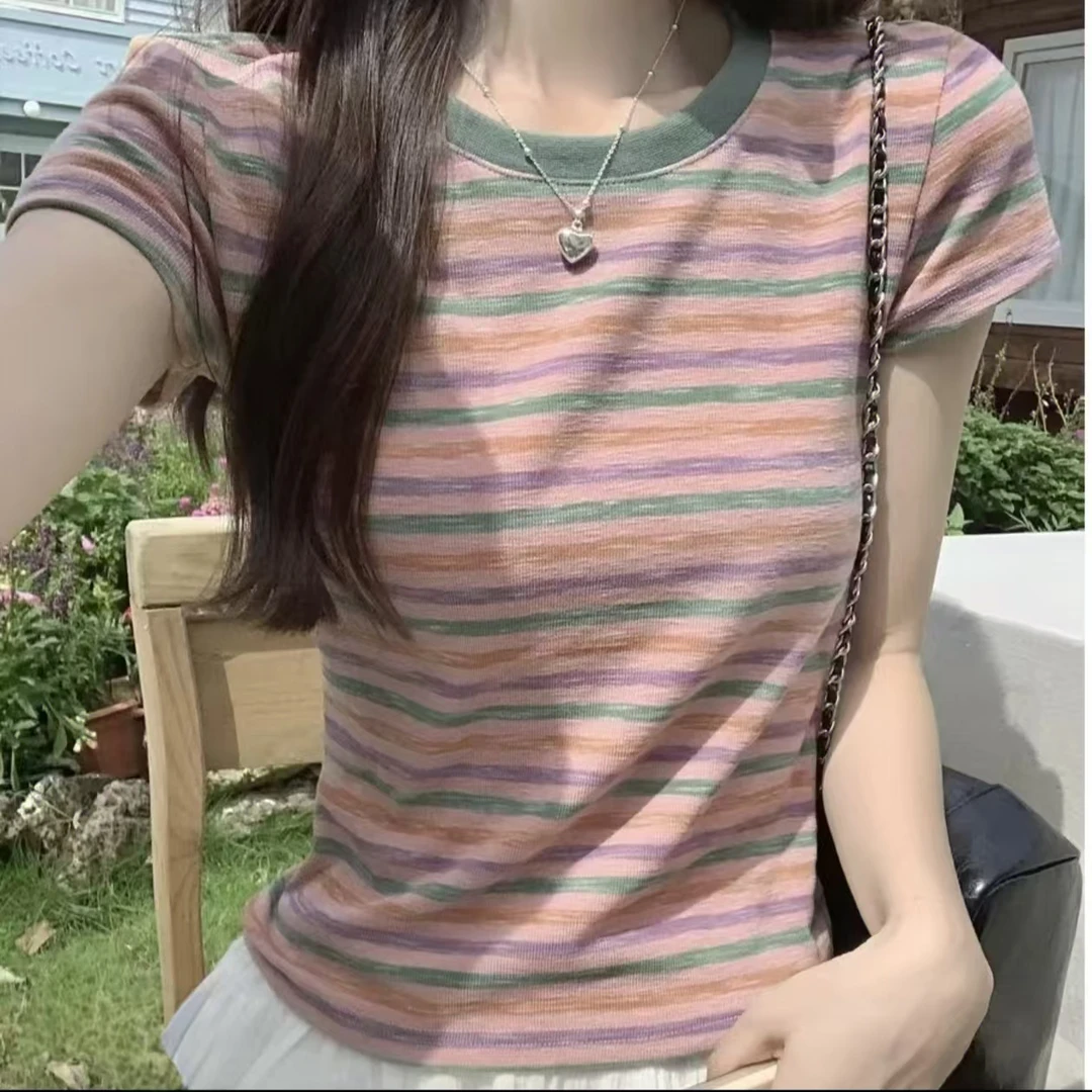 韩版新款2025高级感粉色条纹正肩短袖女夏季短款显瘦t恤上衣