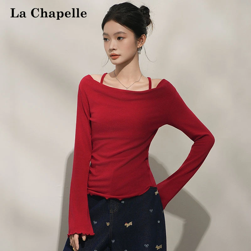 拉夏贝尔美式辣妹挂脖系带长袖T恤女秋季一字领露肩木耳边小上衣
