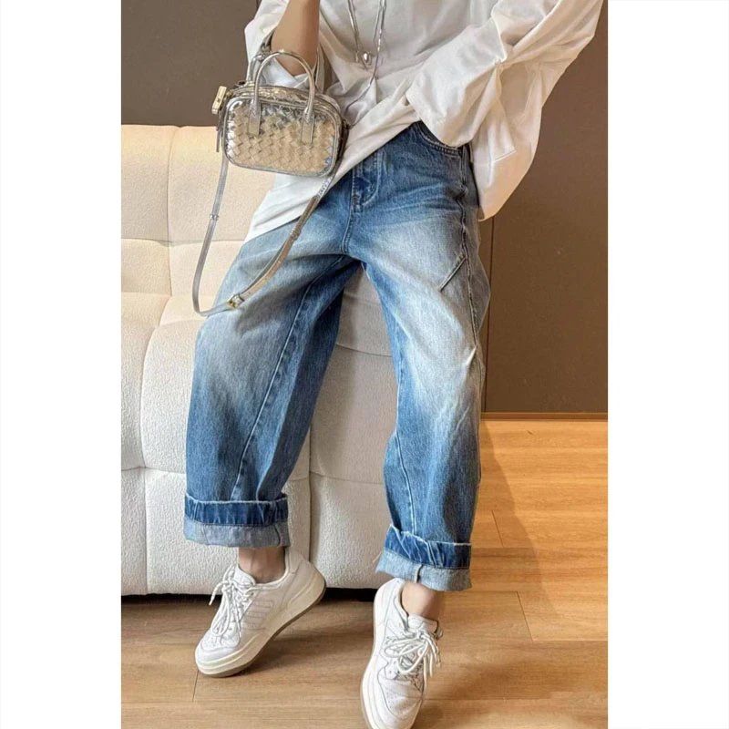 艾塔莉显瘦阔腿裤牛仔裤子女春夏季新款胖mm大码小个子弯刀裤宽松