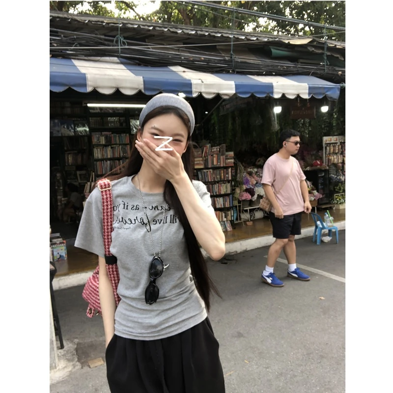 MosesQueen/魔西女王 短袖t恤女穿搭灰色修身设计感独特印花上衣