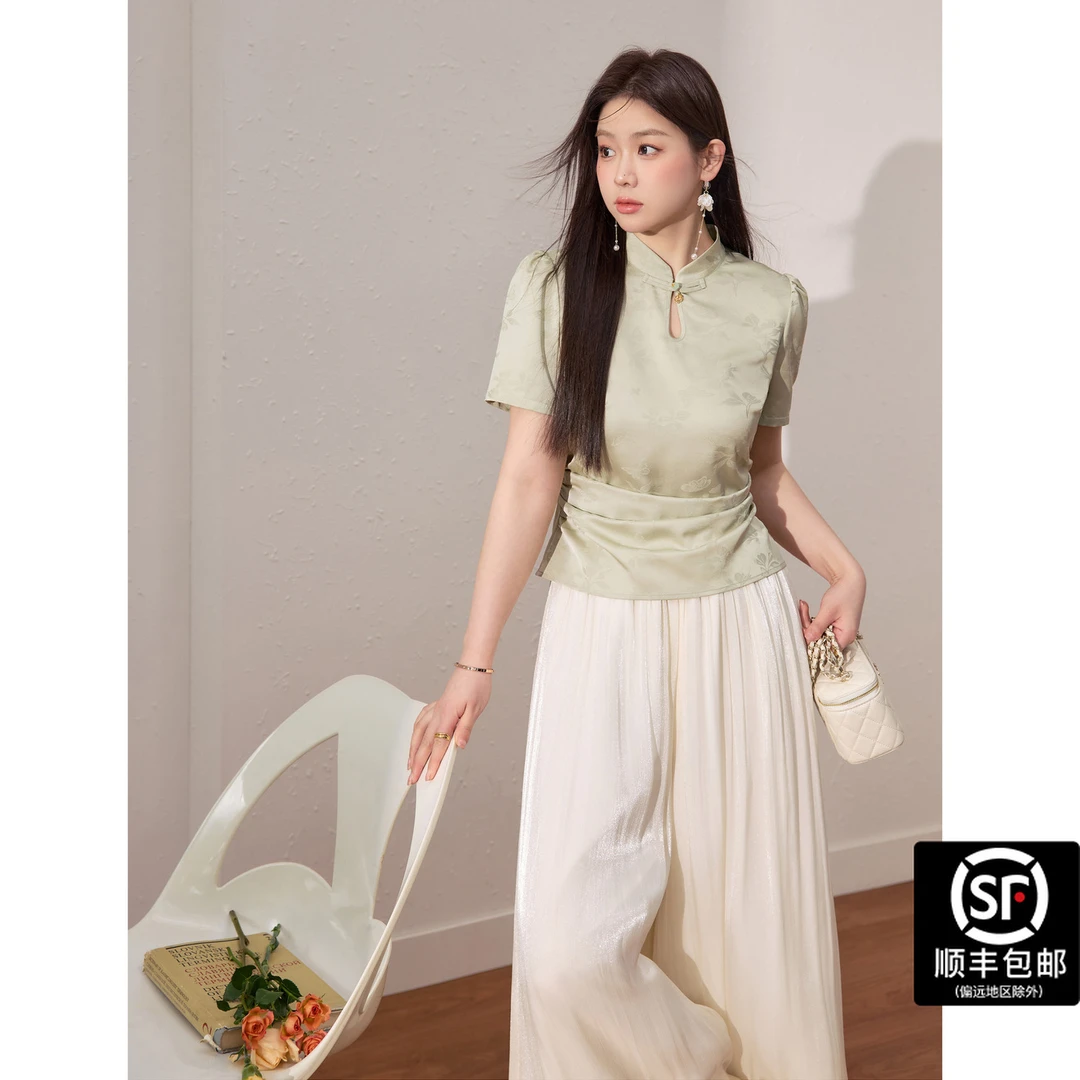 蓝语大码女装新中式短袖上衣显瘦飘逸裤裙夏季巨好看两件套08720