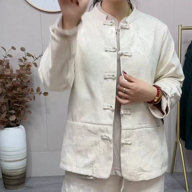 复古盘扣棉麻提花内里包边长袖上衣女文艺大码国风新中式外套