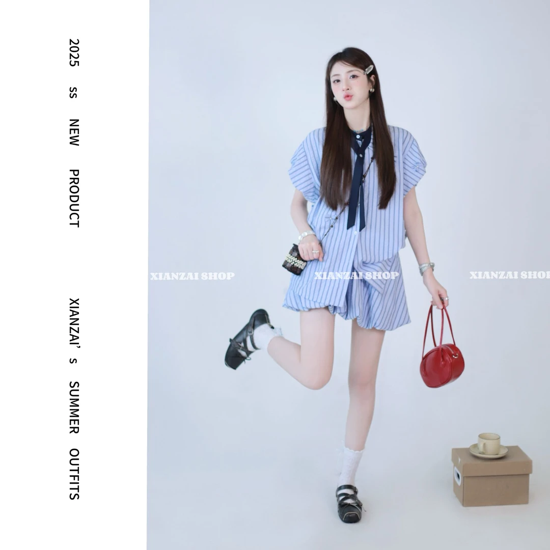 XIANZAI【森林城堡】夏季新款可拆领结珍珠蝴蝶结衬衫短裙两件套装