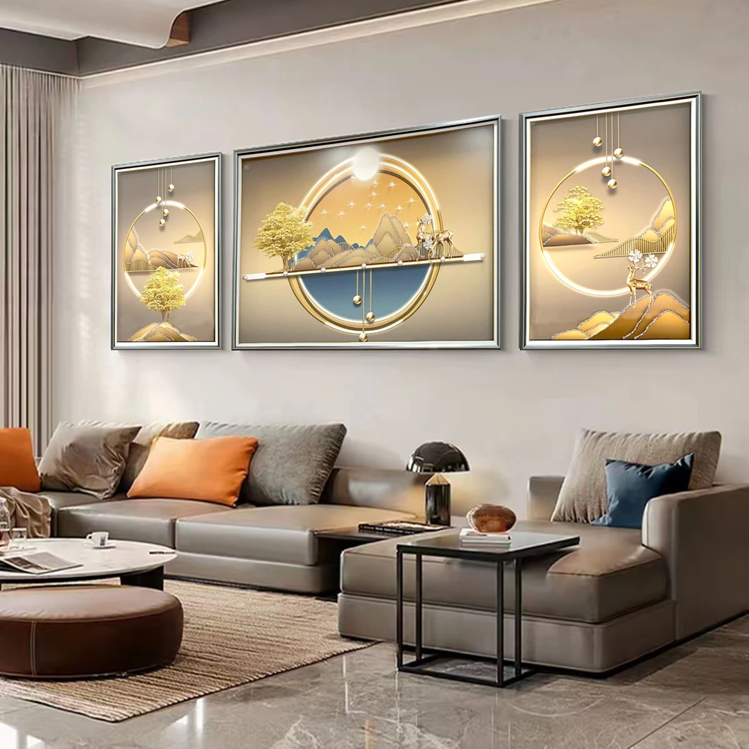 钢化玻璃【福禄金山】客厅星空闪镶钻三联画简约现代轻奢沙发GH07
