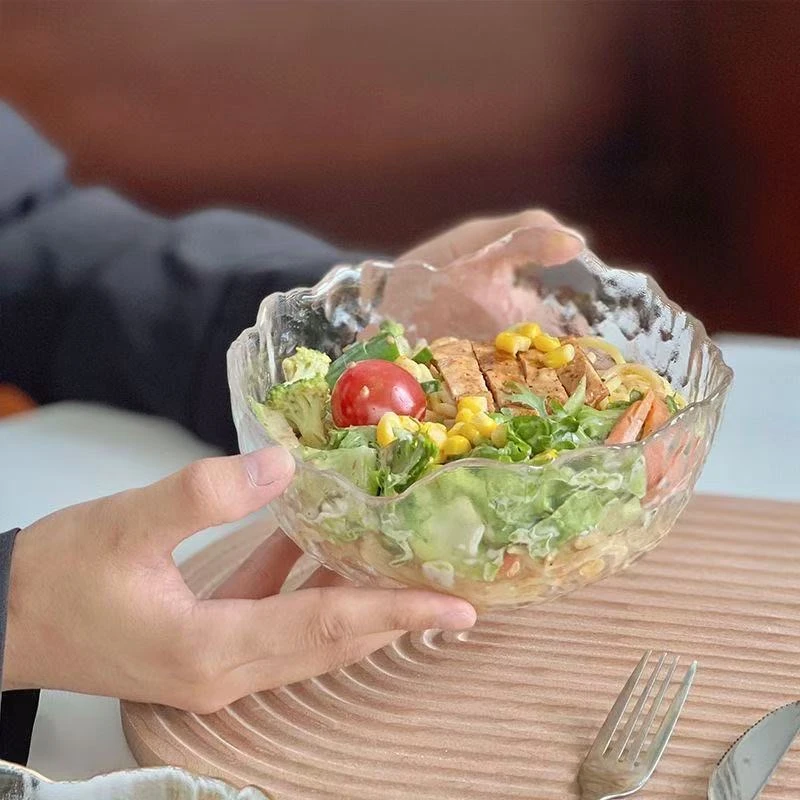 一只装锤纹不规则玻璃碗轻奢高颜值家用沙拉碗汤碗