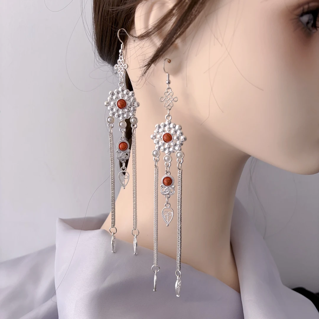 铜合金耳饰 民族风蒙古袍配饰流苏合金长款百搭时尚手工耳环国风