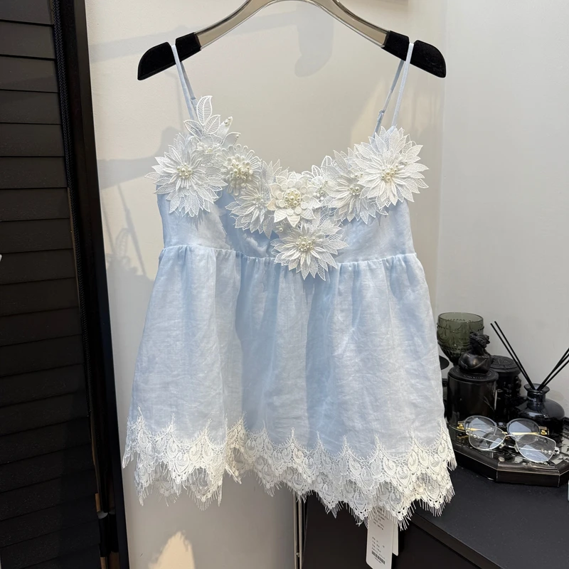 度假风纯欲性感重工钉珠花朵吊带背心娃娃装女夏季新款