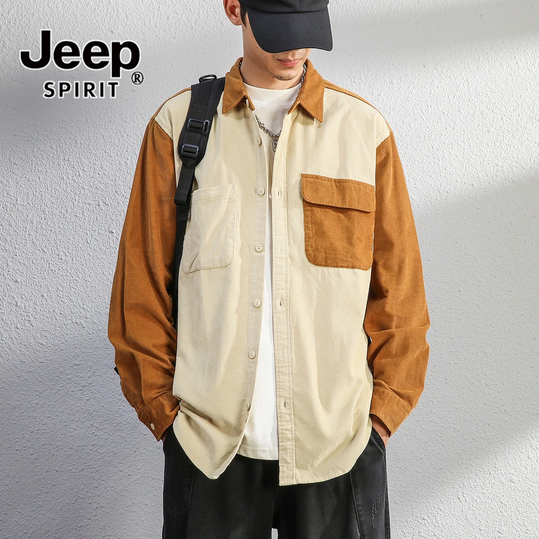 JEEPSPIRIT吉普多巴胺拼色美式潮牌长袖衬衫男秋款宽松休闲衬衣男