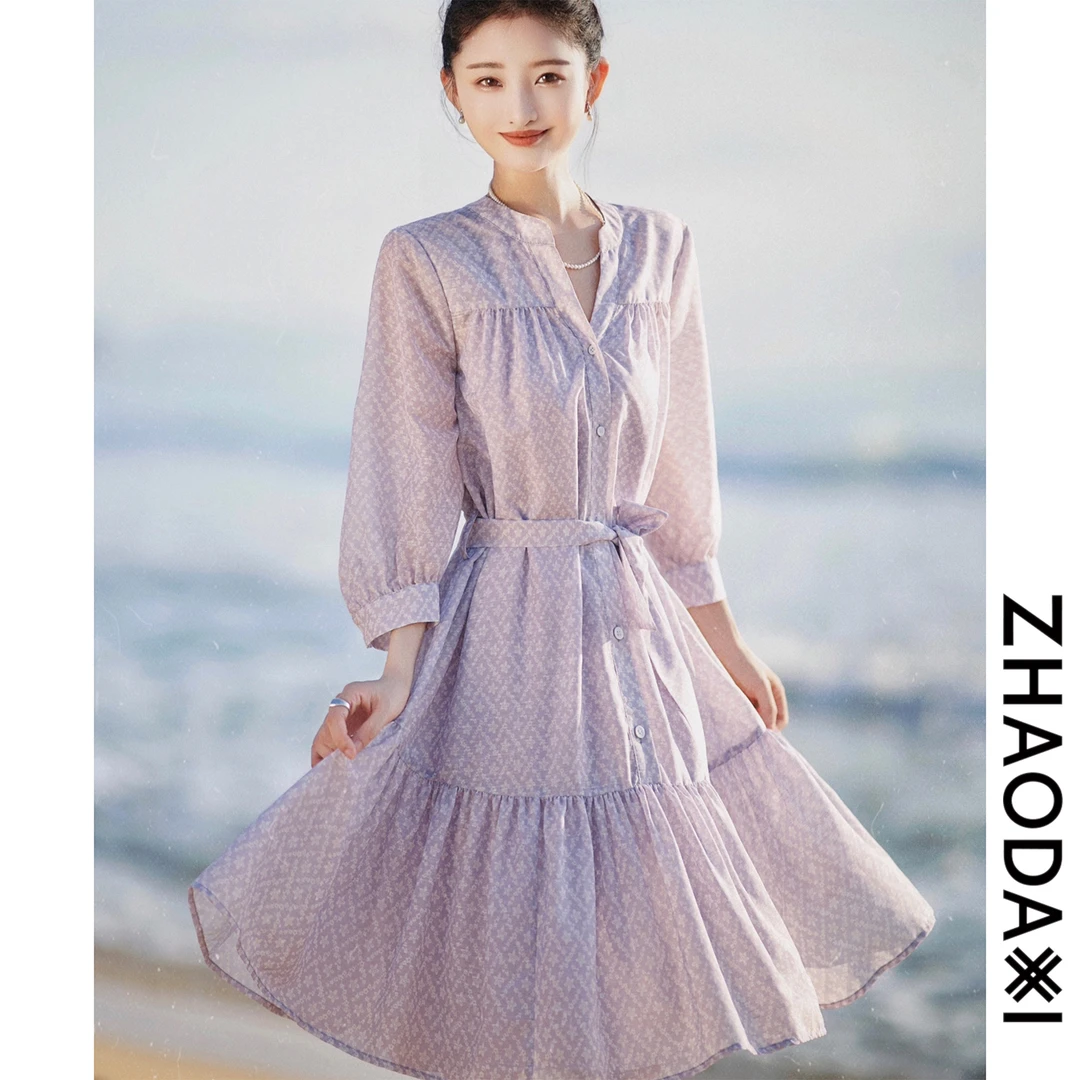 【赵大喜】现货！紫色雨—连衣裙系列｜系带收腰衬衫裙雪纺连衣裙