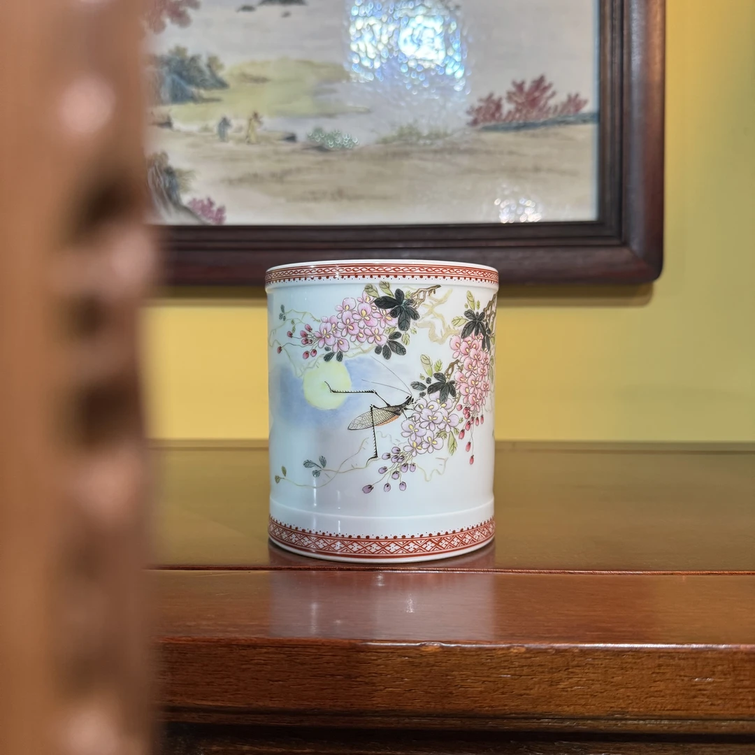 景德镇陶瓷笔筒粉彩纯手工手绘花卉笔筒通身透光重工手绘