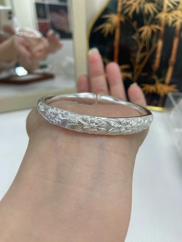 足银手镯 足银【999.9】繁花民族风开口实心精美时尚手工篆刻镯子