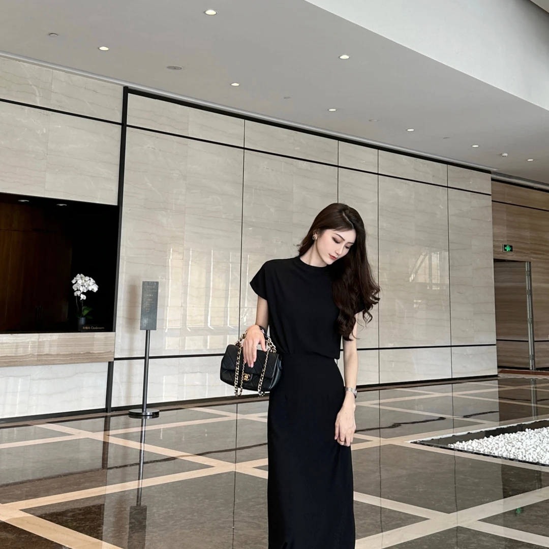 RHRN【化繁为简】垂坠感小衫半裙套装显瘦气质夏季黑色