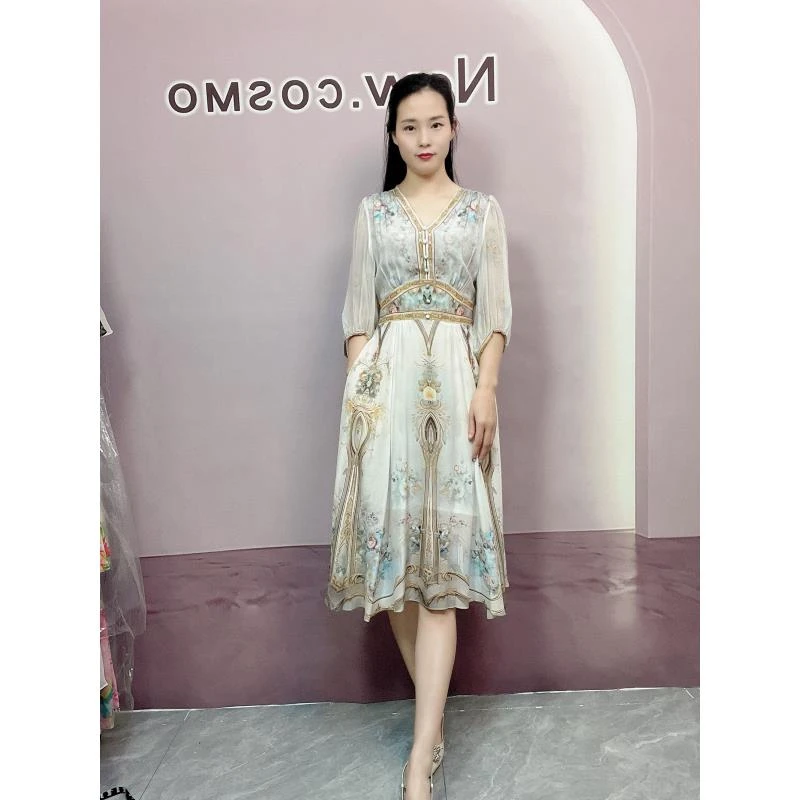 【深圳南油沐溪女装】新款夏季桑蚕丝法式碎花气质显瘦长款连衣裙