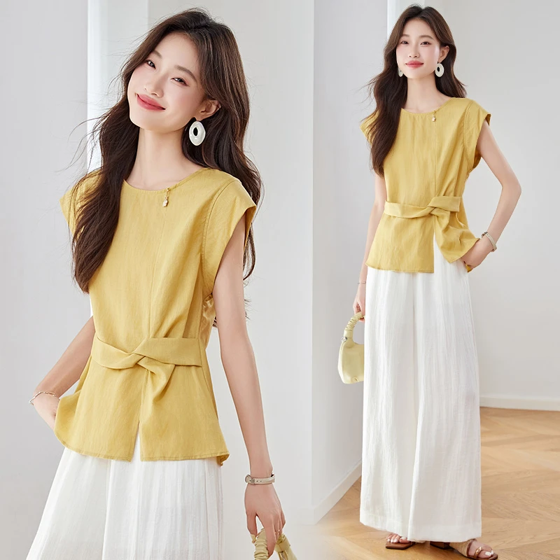 法式无袖休闲套装女2025夏季新款干练气质通勤显瘦阔腿裤两件套