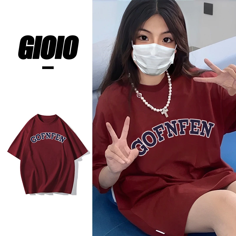 FNFE美式字母印花夏季宽松酒红色纯棉短袖t恤女休闲情侣上衣