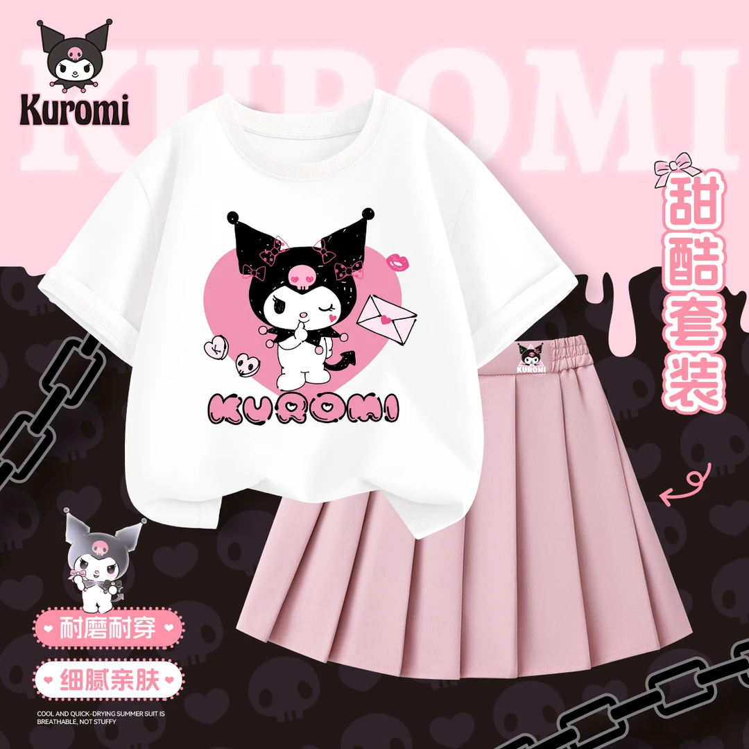 库洛米女童套装裙子2025新款儿童夏季薄款短袖女孩休闲百褶裙夏装