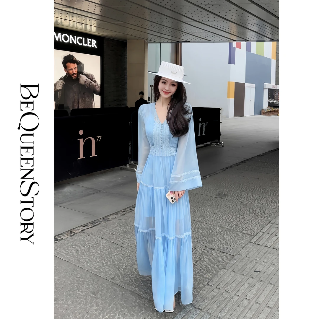 余潇潇【吹梦沙洲】优雅飘逸拼接蕾丝收腰V领连衣裙2025