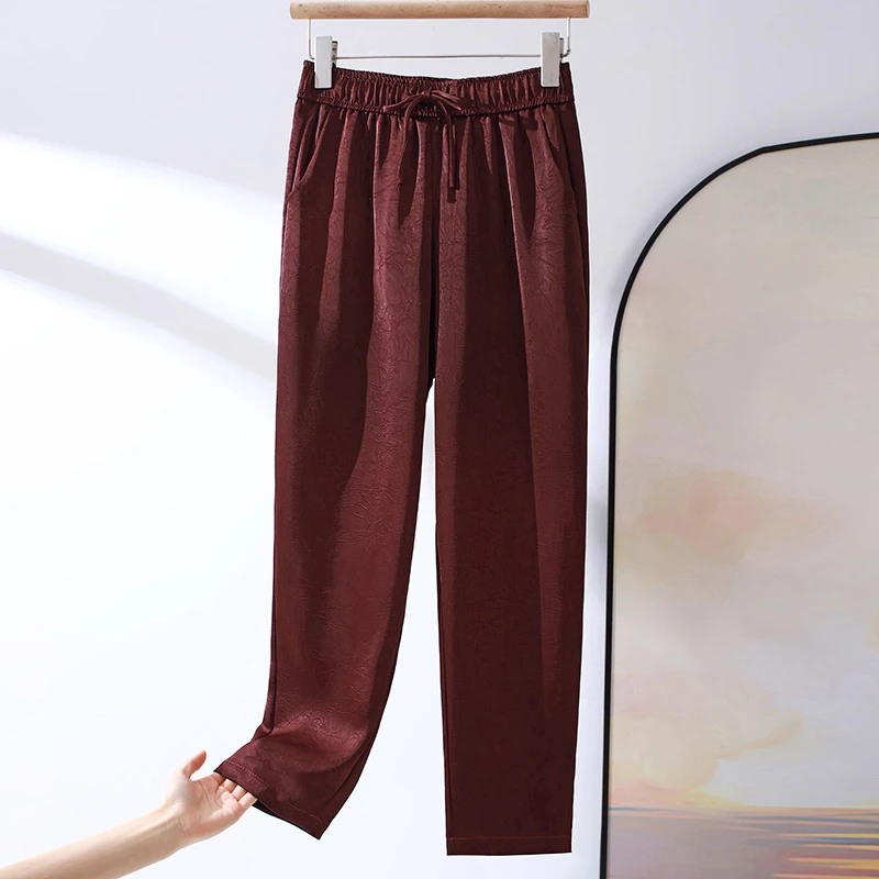 高级感松紧腰女款小脚裤桑蚕丝高腰显瘦提花九分裤气质百搭哈伦裤