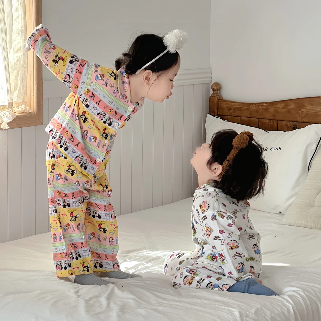 儿童家居服套装春秋季中小童卡通棉纱睡衣男女宝宝长袖长裤两件套