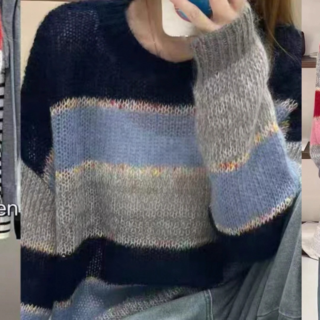 〔撞色宽条纹马海〕〔不可机洗〕韩系慵懒风圆领撞色条纹针织衫