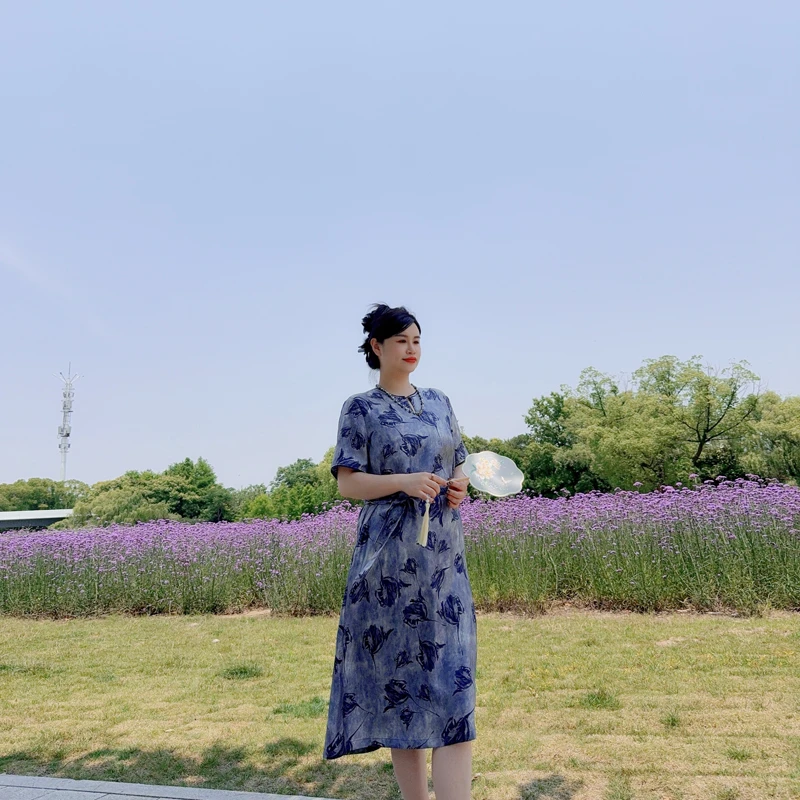 别格秀微胖真丝中长裙高腰夏季宽松显瘦时尚薄款时尚桑蚕丝连衣裙